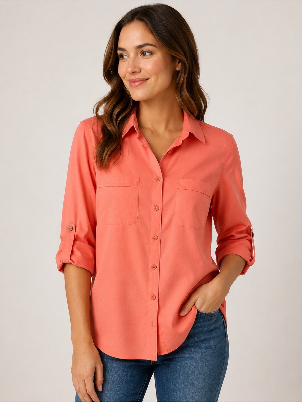 Chico's - No iron Coral Button-Front Roll-Tab Shirt -SzM